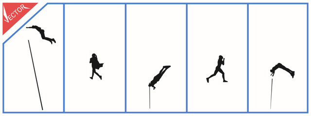 Vector set of pole vault athletes. Black silhouette on white background.
