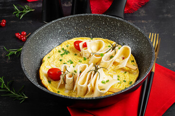Omelette with pita bread and cheese in the shape of a Christmas tree. Healthy breakfast.