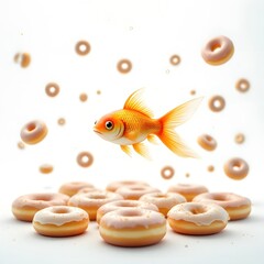 Whimsical Goldfish Swims Through Floating Donut Wonderland Adventure