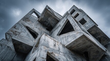Deconstructed abstract building exterior with jagged edges raw concrete and unexpected asymmetrical cutouts avant-garde style