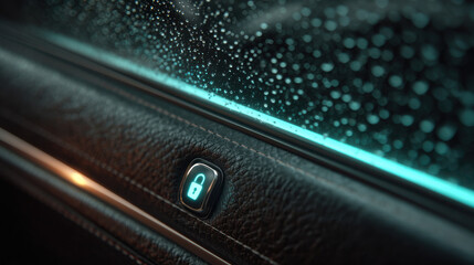 Car door lock leather trim raindrop window glass neon light security icon safety closeup modern technology infused calm