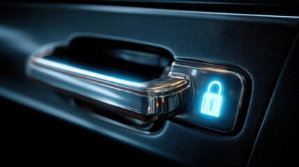 Sleek car door handle chrome finish blue lock icon secure access modern vehicle smart technology close up detail night lighting metallic surface minimal design convey safety and confidence