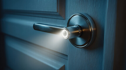 Sleek door handle smart lock futuristic security glowing light modern interior metal hardware keyless entry home safety blue tone minimal design. Sleek door handle with smart lock and futuristic