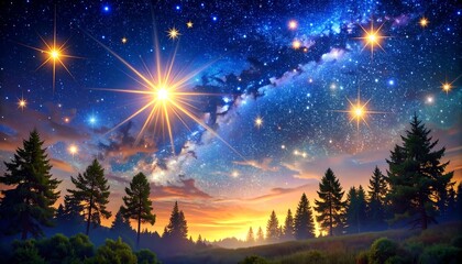 Vibrant night sky with shining stars over forested landscape