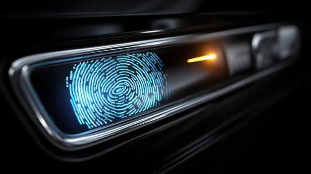 A biometric fingerprint scanner authentication security access control car door handle glowing softly in darkness, high tech detail evokes sleek innovation and trust in modern mobility
