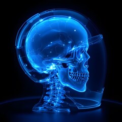 Futuristic Blue Neon Human Skull Encased in SciFi Helmet Technology