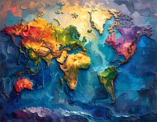 Vivid oil painting of a world map with colorful, textured continents