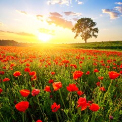 Vivid poppy field bathed in golden sunlight with a lone tree