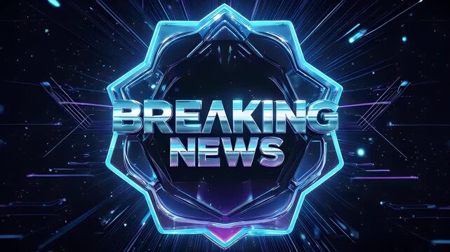 A futuristic, glowing "Breaking News"  card with a neon octagonal frame on a space-like background