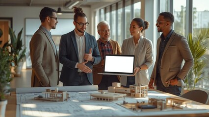 Diverse architectural design team presenting innovative project concepts with 3D models and blueprints during a collaborative business meeting in a modern office environment