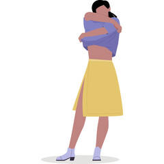 Fashionable Woman in Yellow Skirt and Purple Sweater Embracing Herself with Arms Crossed Against White Background Modern Flat Illustration Style