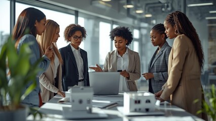 Diverse team collaborating on project, analyzing data and discussing business strategies in modern office
