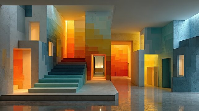 Abstract interior design featuring optical illusions hidden doors and a seamless blend of floors and walls
