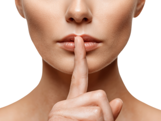 Woman making silence gesture with finger on lips, isolated on transparent background