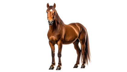 Fototapeta premium Regal chestnut horse stands poised, white blaze marking its head