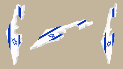 3D isometric illustration map of Israel is shown with the national flag as a cover. The illustration includes isometric views from the top, left, and right.