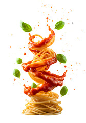 Spaghetti with tomato sauce and basil leaves