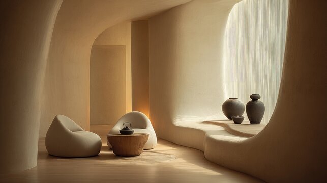Zen-inspired abstract interior design space with soft curves sand-like textures and a calming monochrome palette
