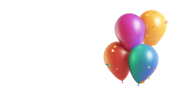 Three colorful balloons, vibrant hues, confetti scattered, festive, celebratory