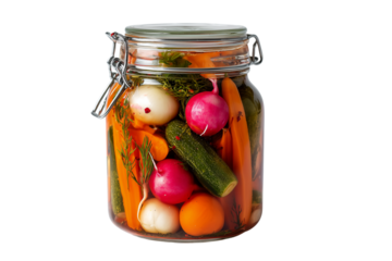 Pickled vegetables in a glass jar isolated on transparent background