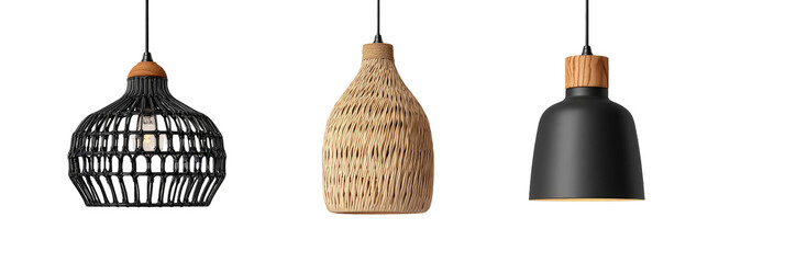 Three pendant lights, featuring a woven black, a textured beige, and a matte black design