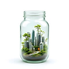 Sustainable miniature cityscape thriving within a glass jar ecosystem