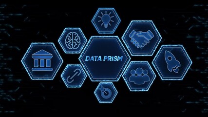 Data Prism concept with glowing blue icons representing business finance innovation teamwork - Powered by Adobe