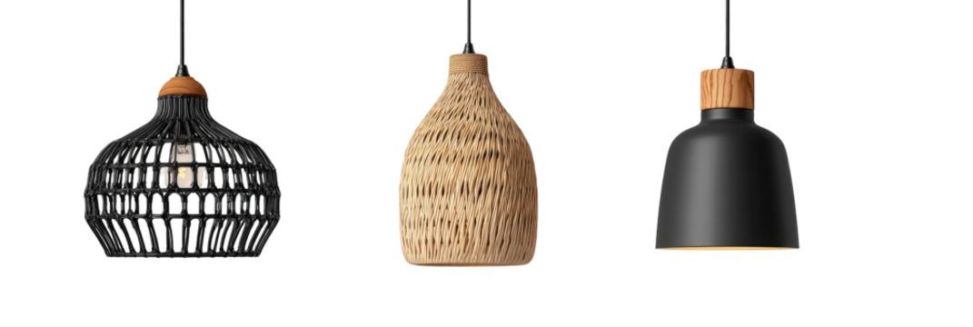 Three pendant lights, featuring a woven black, a textured beige, and a matte black design