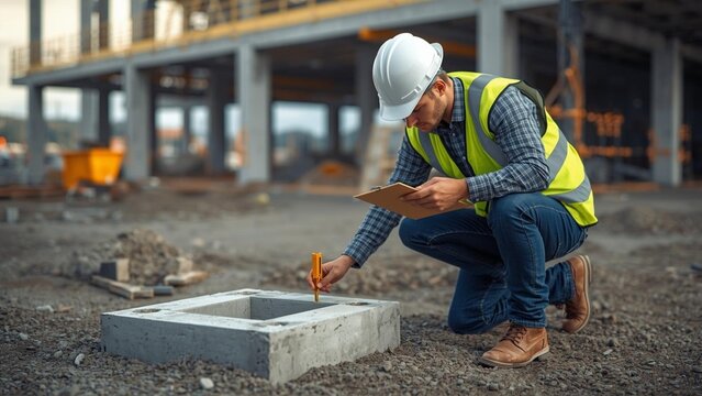 Construction worker inspects foundation on a building site wearing safety gear and holding a clipboard