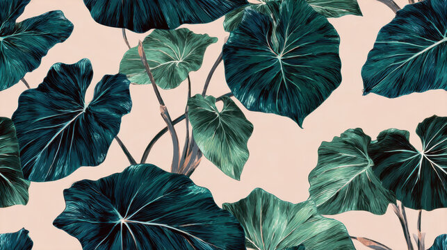 Alocasia egregia with dramatic dark-green arrowhead leaves highlighted against a soft beige background &mdash; a seamless tropical pattern showcasing elegant contrast and refined botanical detail