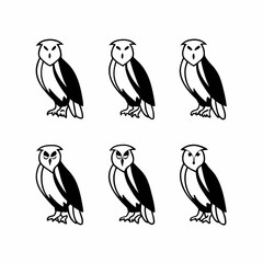 Naklejka premium Six stylized owls, arranged in a grid pattern, showcasing simple black lines