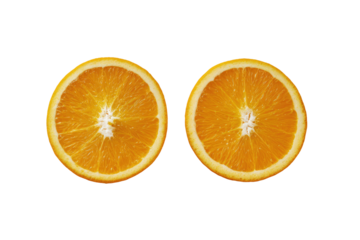 Two symmetrical orange slices against a black background.  Bright, round slices of orange fruit, showing the segmented interior.  A thin, bright-orange rind surrounds each slice