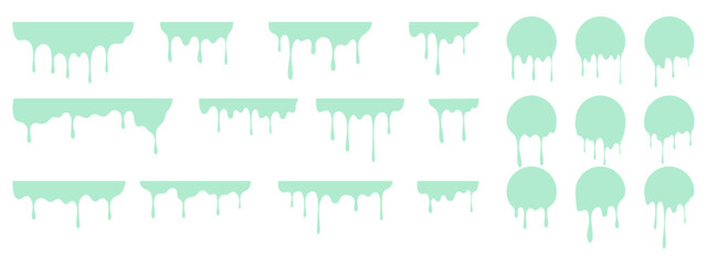 Mint melt drips paint set. Circle liquid drips and dynamic paint splashes.