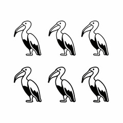 Obraz premium Collection of six pelican bird icons in black and white vector illustration