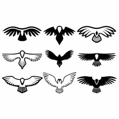 Fototapeta premium Collection of nine stylized eagle illustrations in black and white