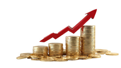 Gold coins stacked in rising columns, topped by a red upward trend arrow