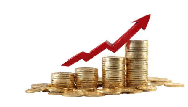 Gold coins stacked in rising columns, topped by a red upward trend arrow