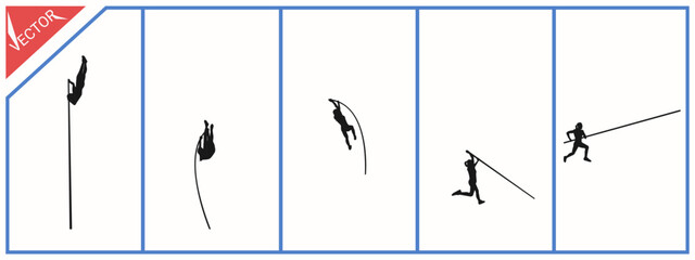 Silhouette of a pole vaulter. Different actions. Vector illustration.