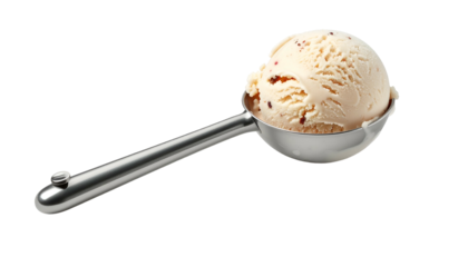 Scoop of vanilla ice cream with flecks, in metal scoop on black