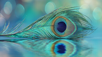 peacock. A close-up of a peacock feather against a mirrored surface with iridescent blue-green tones. wildlife magazines, conservation campaigns, designed for wildlife conservation campaigns.