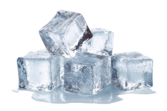 Stacked ice cubes, slightly melting, on a reflective surface