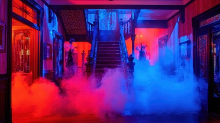 Obraz premium Mystical vibrant staircase surrounded by colorful neon lights and fog creating a surreal atmospheric underground scene