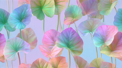 Caladium hortulanum hybrid leaves in pastel hues of pink, blue, green, and lavender, softly blending together in a dreamy iridescent tropical composition