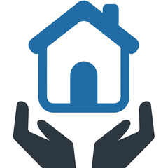 Blue house icon held by hands, representing home security and protection, isolated on transparent background