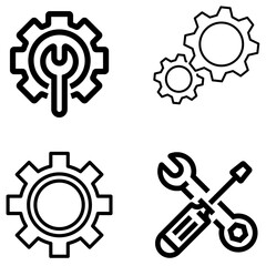 Set of four icons representing tools and gears, isolated on transparent background