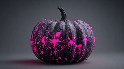 Obraz premium Spooky Halloween Pumpkin with Creative Pink Paint Splatter on Dark Background for Horror and Party Decorations