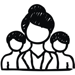 Simple black and white illustration of a woman with two children, isolated on transparent background