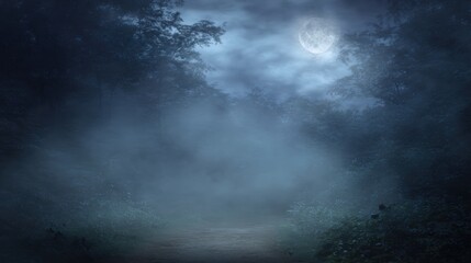 Enchanting night landscape with full moon illuminating misty forest path surrounded by tall trees and dark cloudy sky