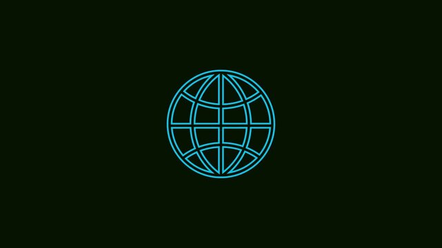 Glowing neon blue globe icon with a dark background representing global connection 
