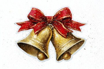 Golden Bells with a Festive Bow: Two shimmering golden bells are adorned with a luxurious red bow. a seasonal image representing cheer, joy and celebration.